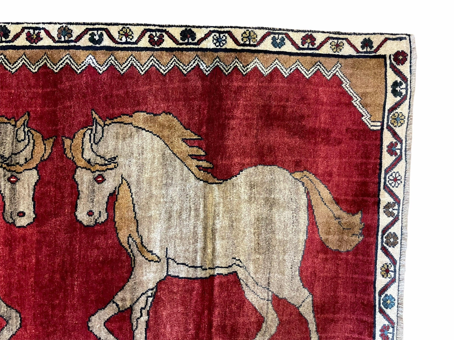 Handmade Hand Knotted Wool Rug 4x6 Vintage Horses Tribal Red Organic Dyes