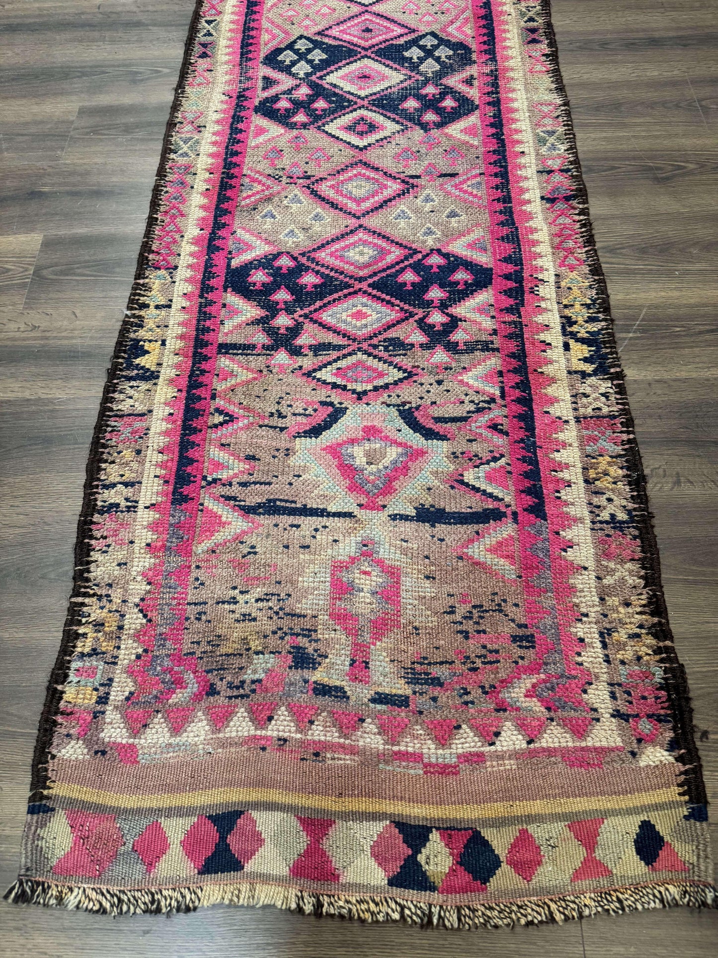 Turkish Runner Rug 3x10, Pink and Navy Blue, Bohemian Runner for Hallway or Kitchen, Vintage, Geometric, Tribal
