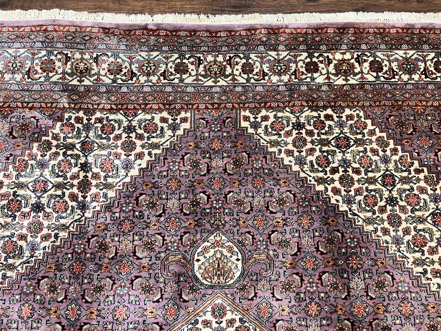 Indo Persian Bidjar Rug 8x10, Purple and Ivory Hand Knotted Wool Vintage Oriental Carpet, Herati Mahi Pattern, 8 x 10 Traditional Fine Rug