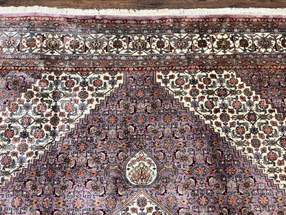 Indo Persian Bidjar Rug 8x10, Purple and Ivory Hand Knotted Wool Vintage Oriental Carpet, Herati Mahi Pattern, 8 x 10 Traditional Fine Rug
