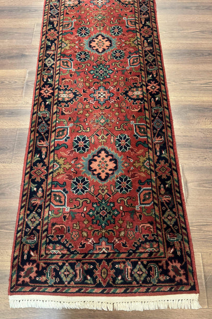 Indo Persian Heriz Runner Rug 2 x 12 ft, Hand Knotted Wool Hallway Rug, Red & Black