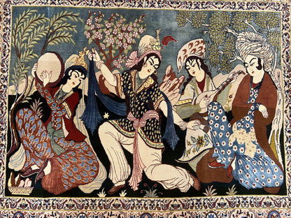 Persian Pictorial Rug Five By Four Feet Isfahan Kork Wool On Silk Foundation Master Weaver Signature Birds And Drums