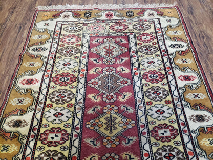Turkish Caucasian Rug 4x7 Hand Knotted Wool Vintage Area Rug Cream Burnt Orange Carmine Red