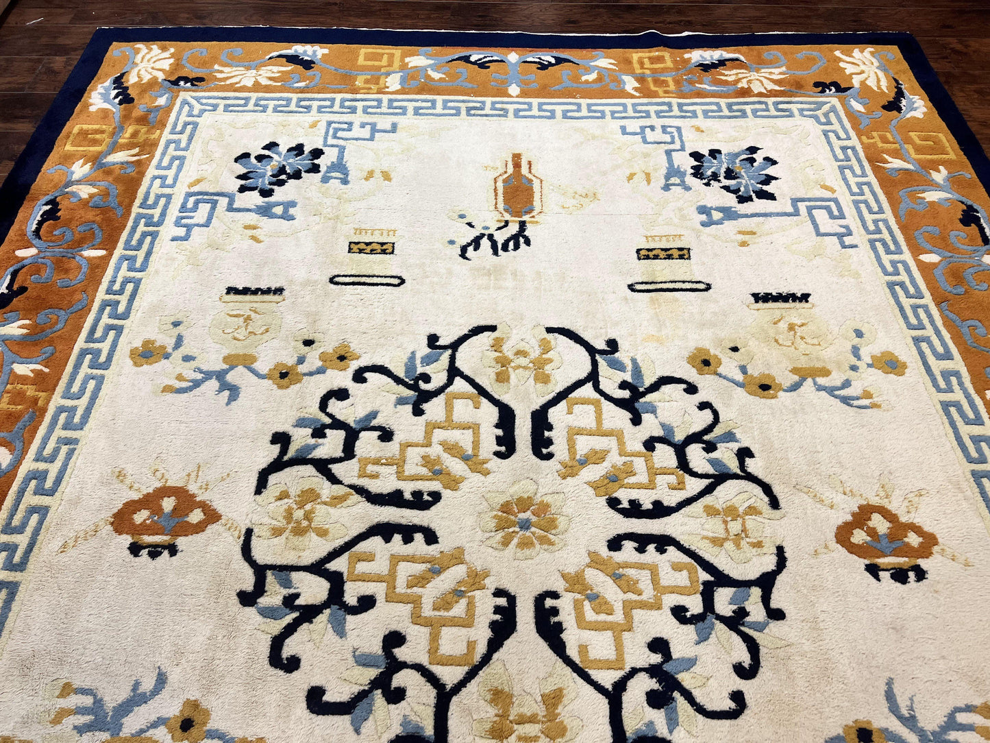 Indo Chinese Rug 9x12, Asian Oriental Carpet 9 x 12, Cream & Burnt Orange, Handmade Wool Vintage Art Deco Rug