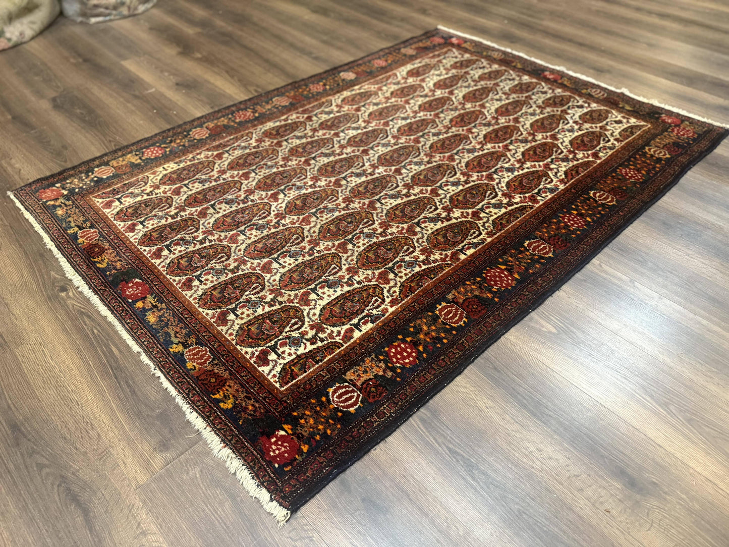 Senneh Rug Antique Persian Kurdish Hand Knotted 4.6 By 6.5 Repeated Paisley Boteh Design