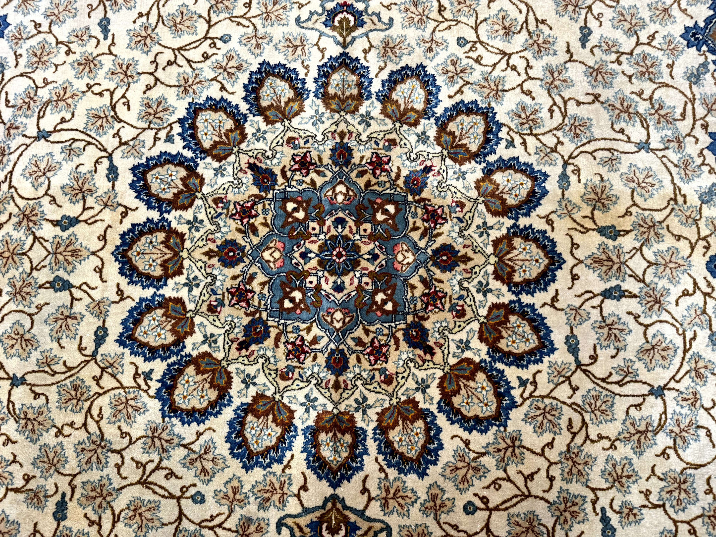 Persian Kashan Rug Hand Knotted Wool 9 X 12.6 Ivory And Blue Floral Medallion Semi Antique Carpet