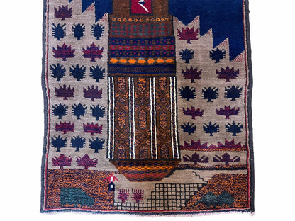 Baluchi Rug Vintage Handmade Wool Afghan Tribal 3 By 4.5 Feet Red Blue Beige