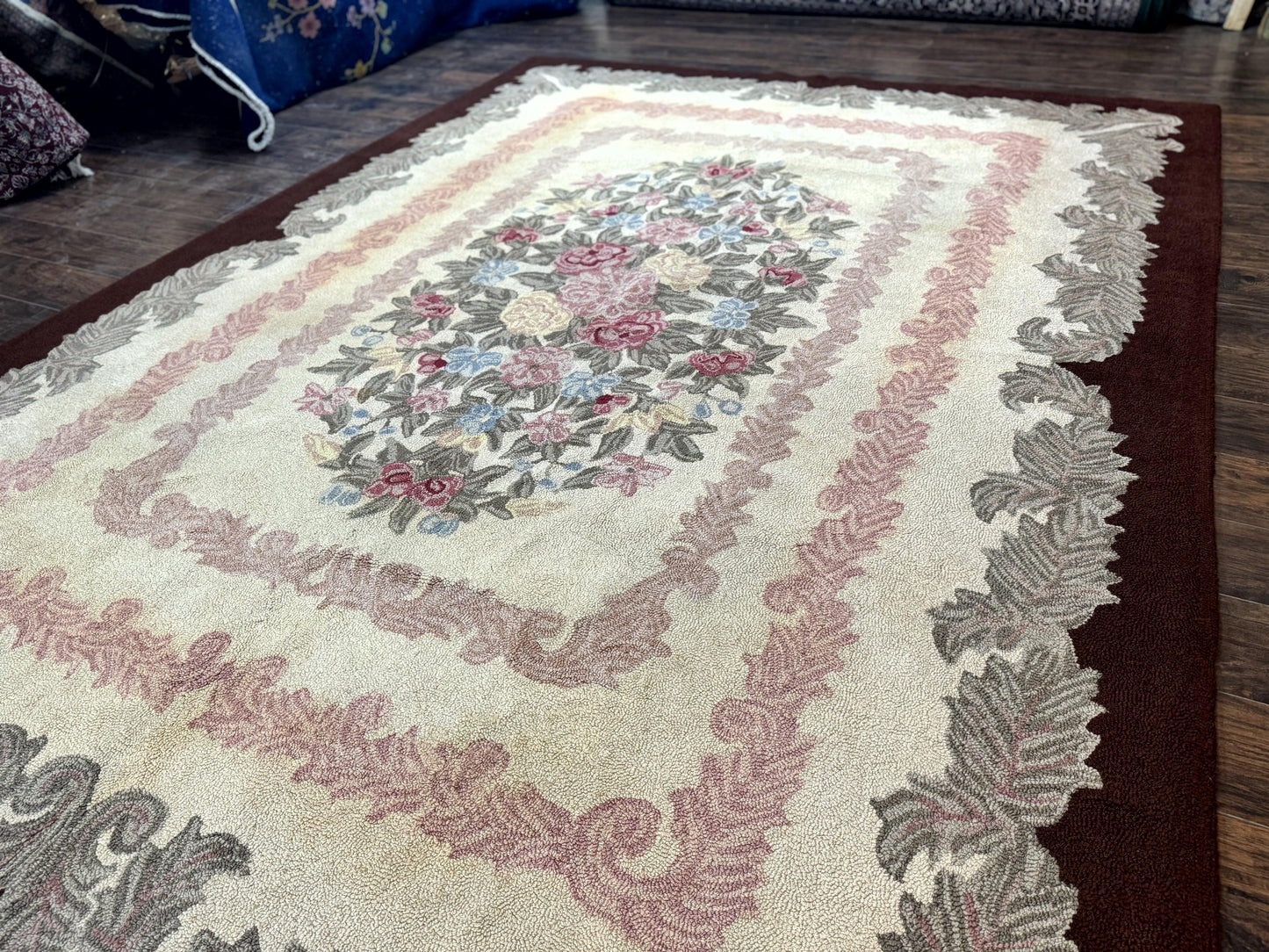 American Hand Hooked Rug 9x12 Vintage Aubusson Wool Carpet