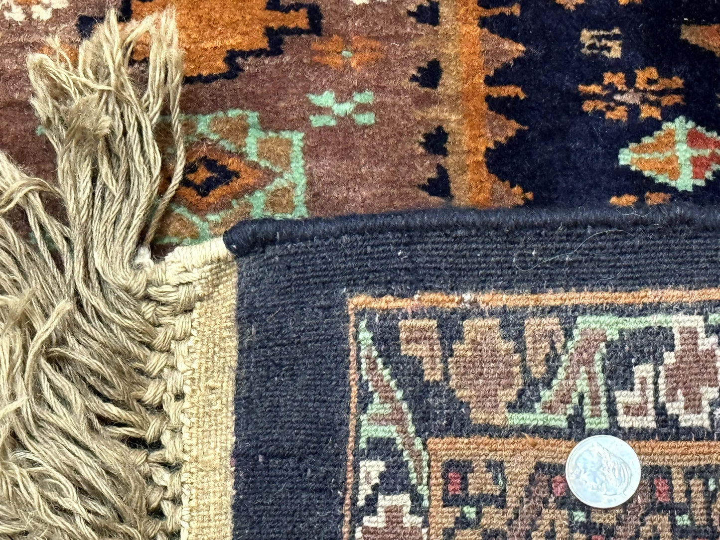 Vintage Afghan Rug 4x6, Navy Blue and Light Brown, Geometric Medallions, Wool on Wool, Tribal Rug