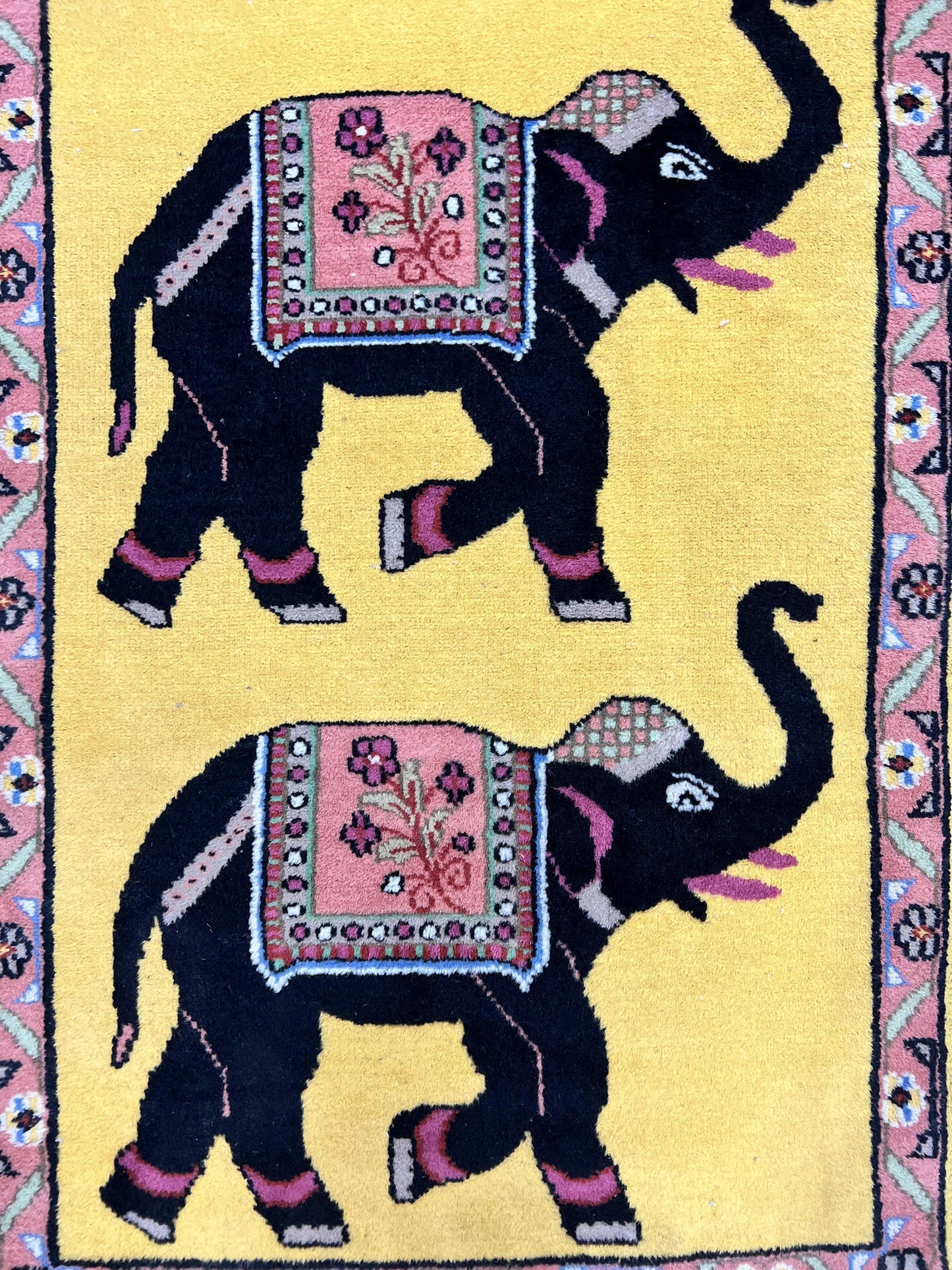 Unique Indian Pictorial Rug 2x3, Small Wool Hand Knotted Oriental Carpet, Yellow, Two Elephants, Handmade