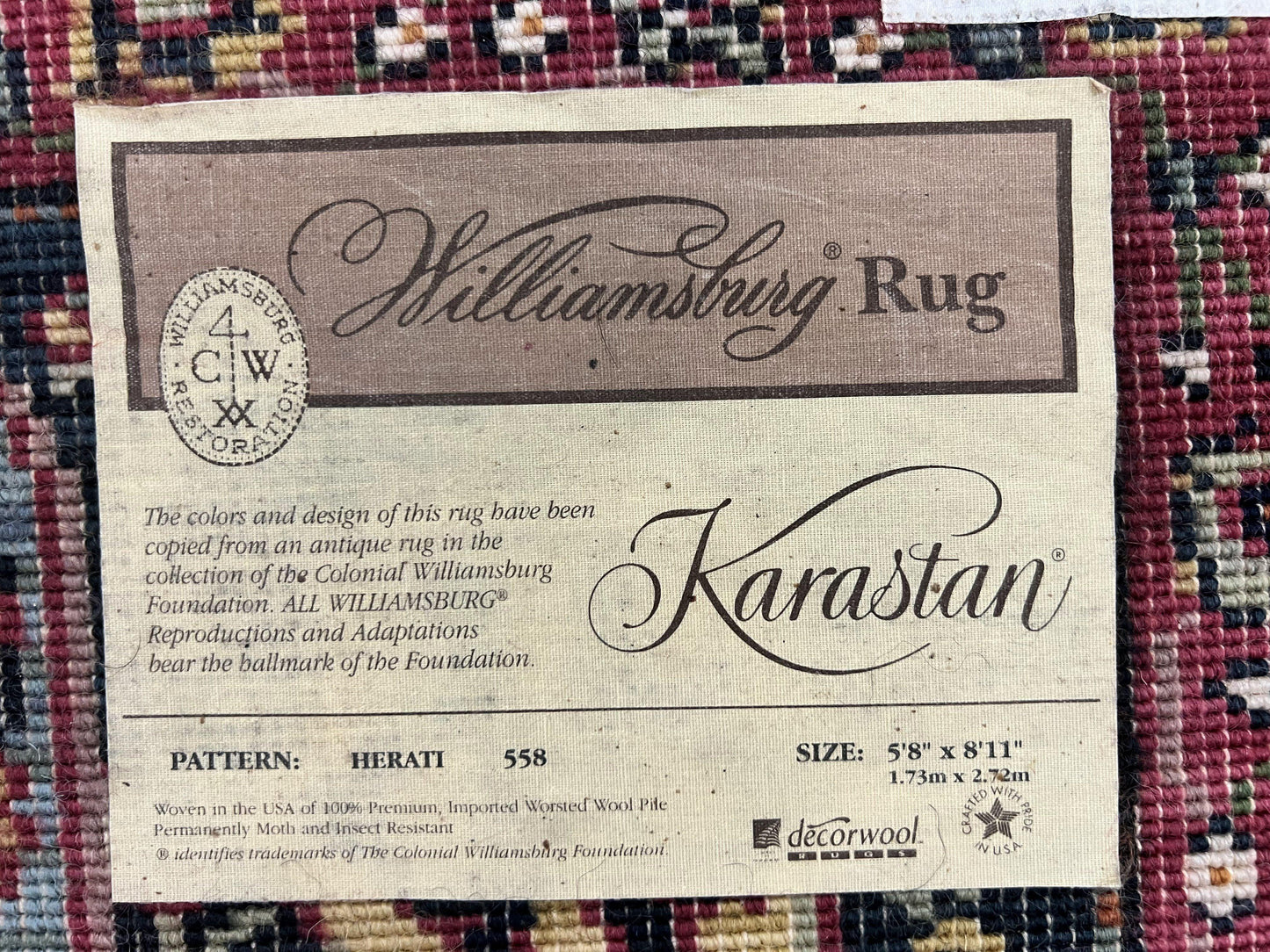 Karastan Rug 6x9, Williamsburg Herati #558, Wool Karastan Carpet, Vintage Karastan Persian Area Rug, Wool Pile