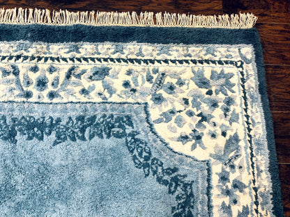 Indo Chinese Aubusson Rug 6x9 Handmade Vintage Wool Carpet Light Blue And Ivory