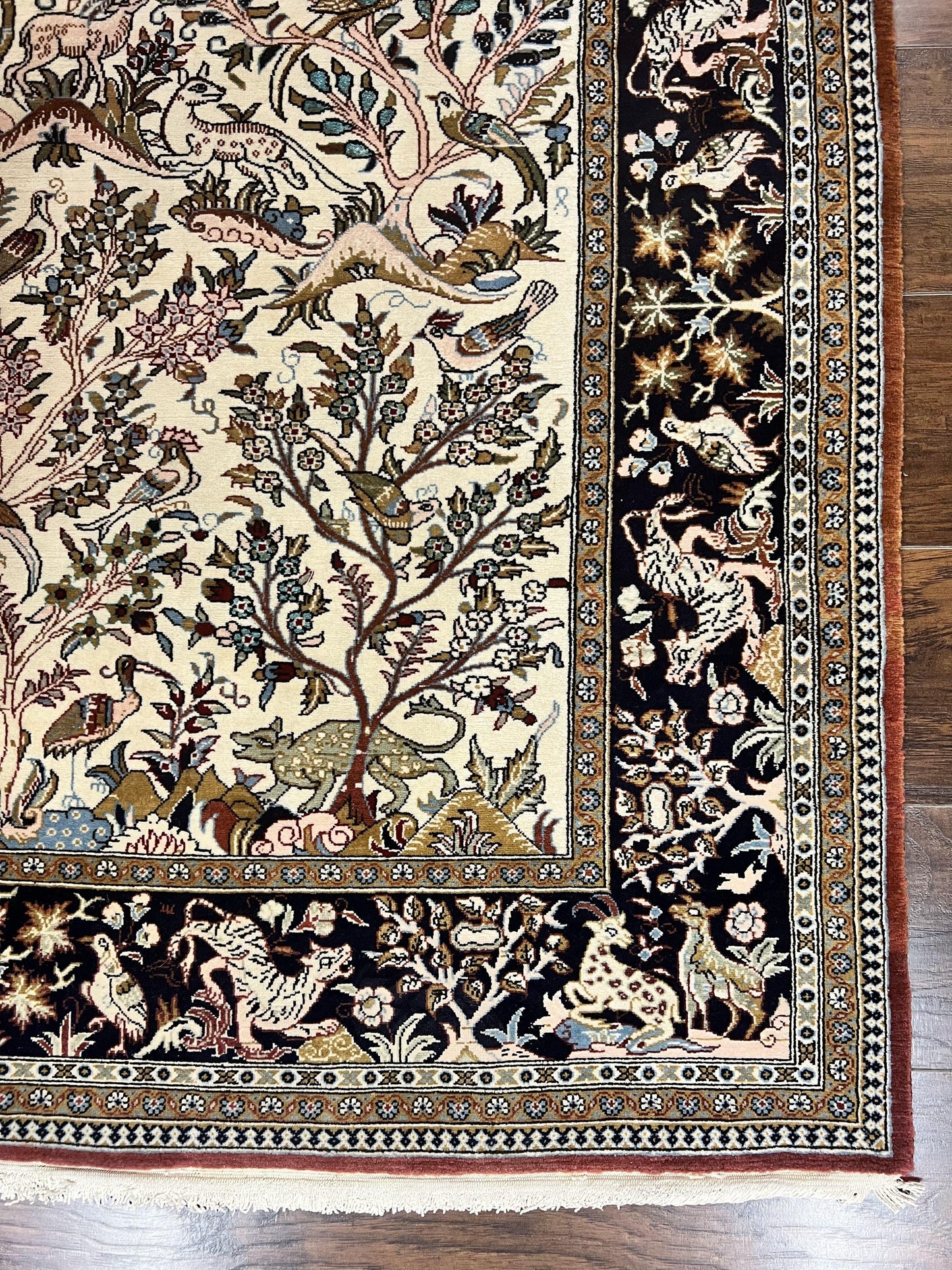Persian Qum Tree of Life Rug 5x7, Wool and Silk Highlights, Animal Motifs, Vintage Hand Knotted Handmade Cream & Black Fine Oriental Carpet
