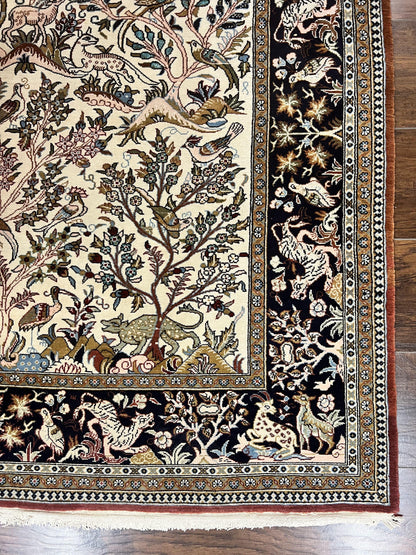 Persian Qum Tree of Life Rug 5x7, Wool and Silk Highlights, Animal Motifs, Vintage Hand Knotted Handmade Cream & Black Fine Oriental Carpet