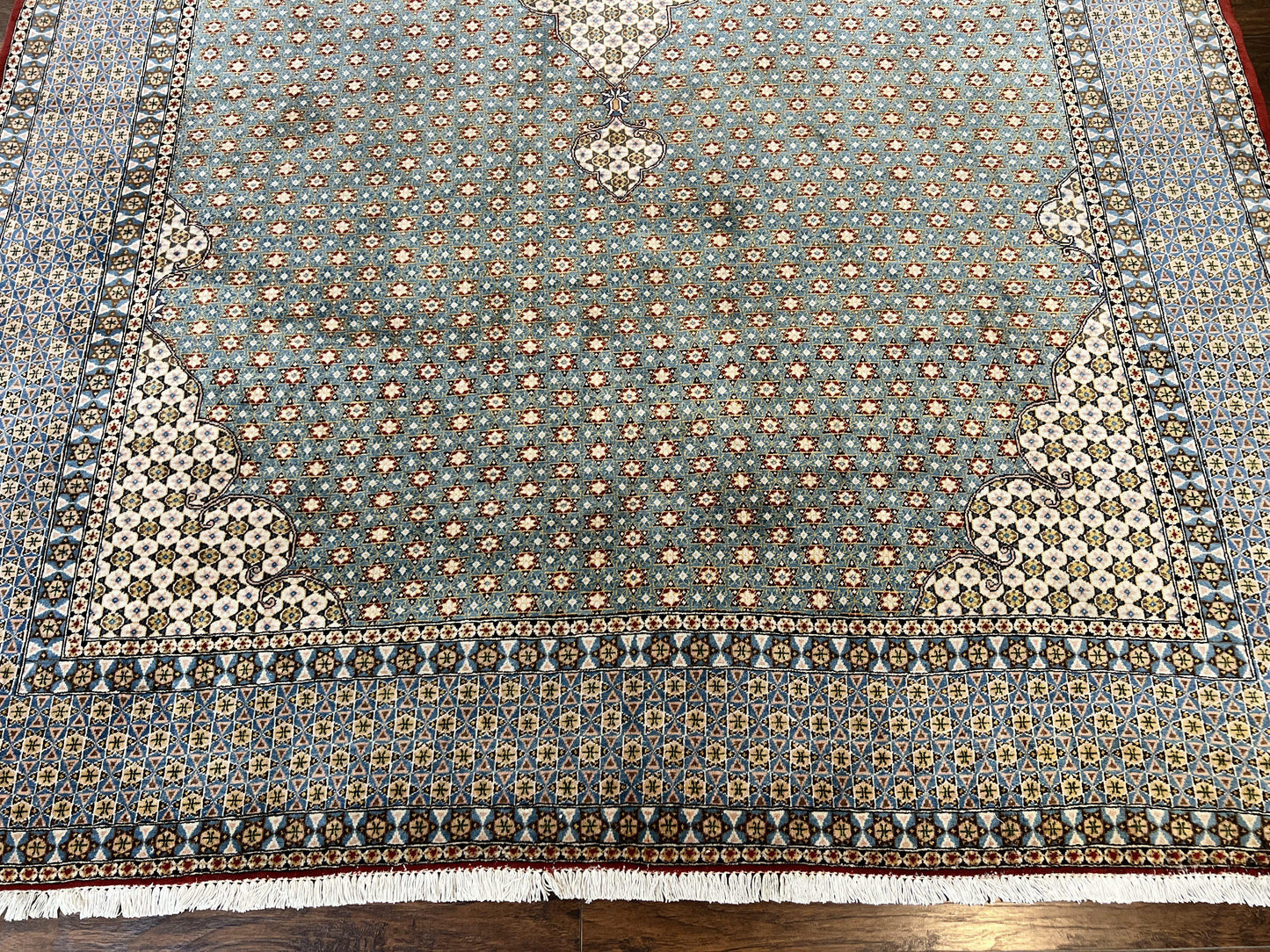 Rare Persian Rug 8x12, Qum Rug, Repeated Star Motifs, Blue and Ivory, Fine 300 KPSI, Hand Knotted Handmade Vintage Wool Rug