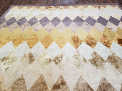 Hand Knotted Tibetan Rug 8.6 x 11 Wool and Silk Multicolor Diamond Panel Design