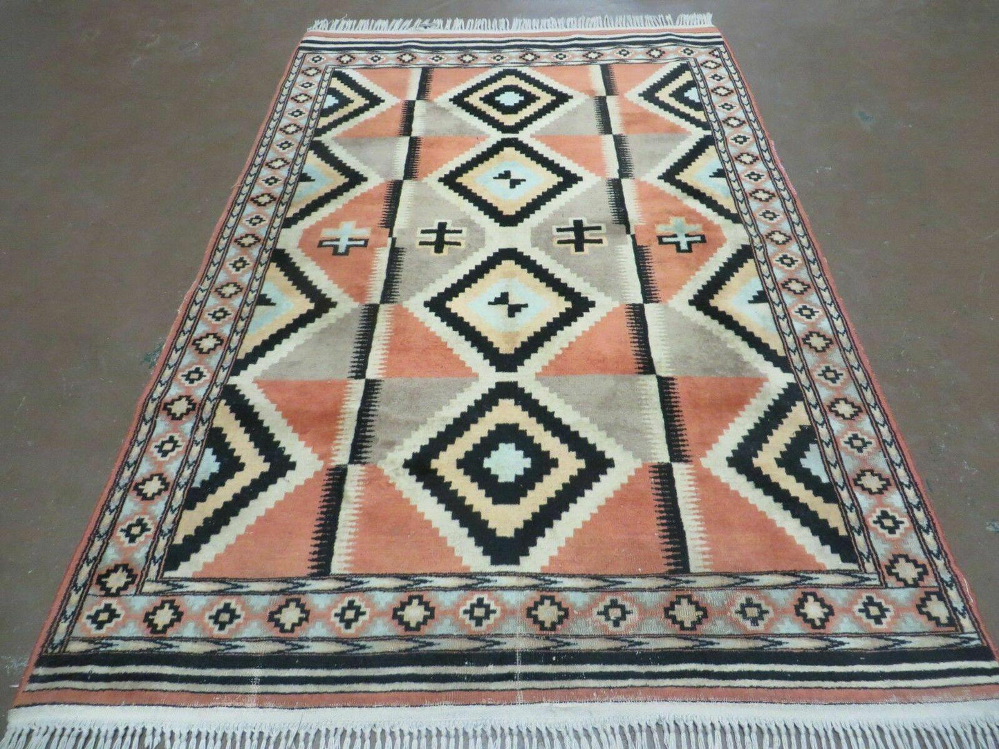 Vintage Turkish Oushak Wool Rug 4x6 Diamond Pattern Handmade Mehrab Red