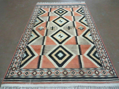 Vintage Turkish Oushak Wool Rug 4x6 Diamond Pattern Handmade Mehrab Red