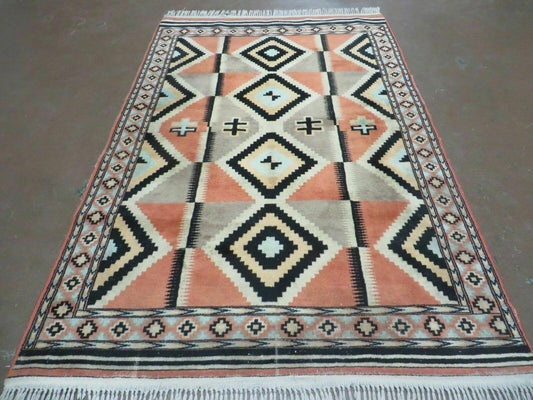 Vintage Turkish Oushak Wool Rug 4x6 Diamond Pattern Handmade Mehrab Red