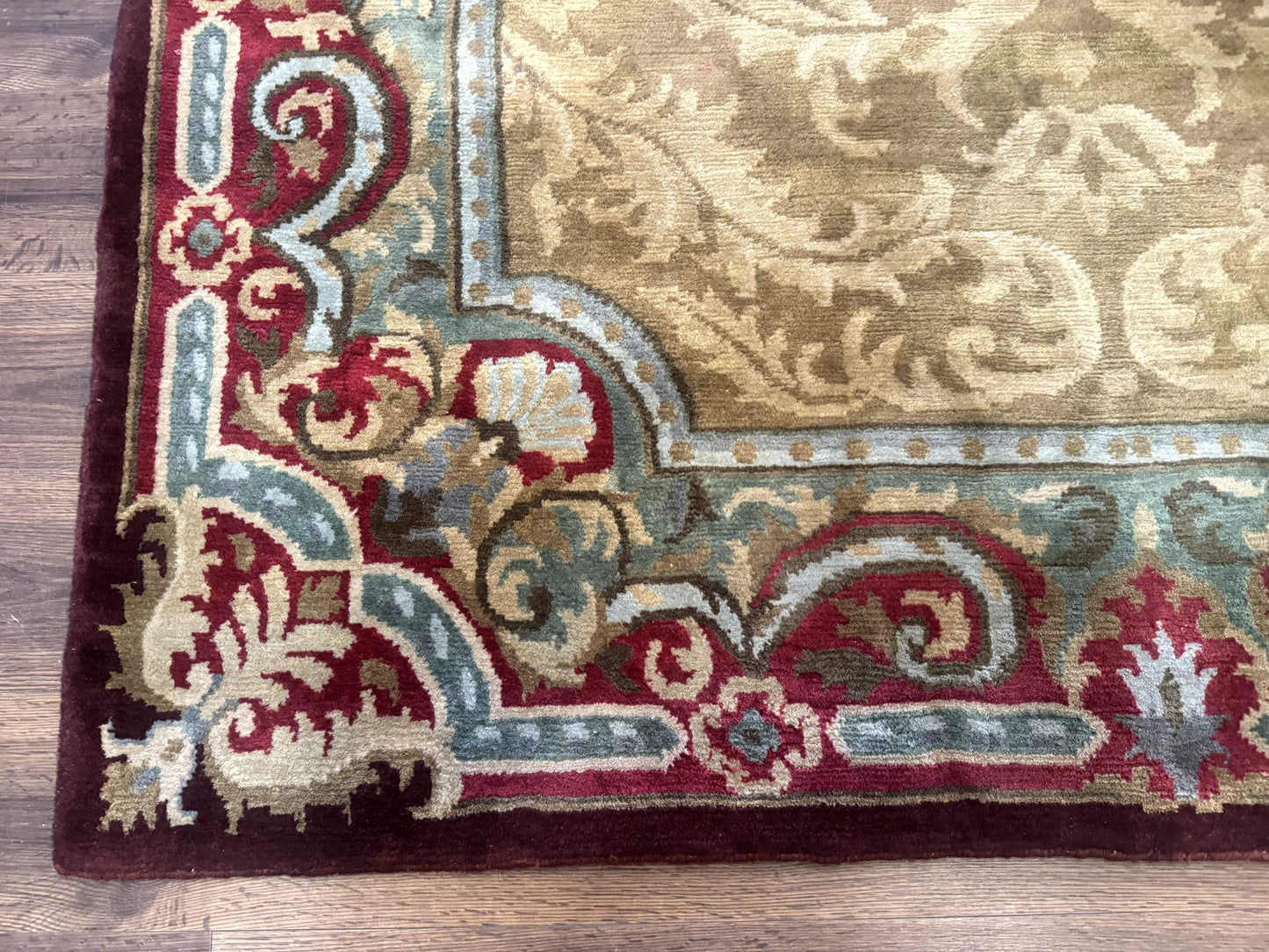 Tibetan Aubusson Rug 6x9, Gold-Beige, Soft Wool Pile, Handmade