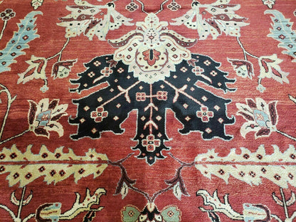 Vintage Handmade Turkish Wool Rug 9 Foot 10 Inch By 14 Foot 2 Inch Hand Knotted Red Black Floral