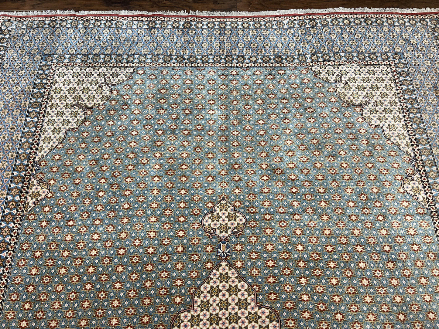 Rare Persian Rug 8x12, Qum Rug, Repeated Star Motifs, Blue and Ivory, Fine 300 KPSI, Hand Knotted Handmade Vintage Wool Rug