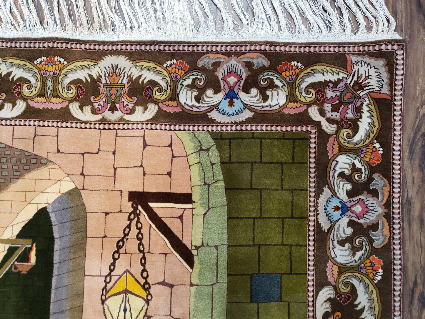 Semi Antique Persian Isfahan Pictoral Rug 4.10x6.1, Wool Handmade High Quality Decorative Carpet