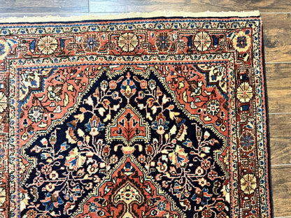 Persian Sarouk Rug 3.6 x 5, Medallion Rug, Red and Midnight Blue, Handmade Semi Antique Vintage Wool Carpet