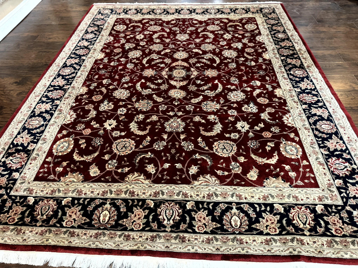 Maroon Persian Area Rug 8x10, Floral Allover, Pak Persian, Wool and Silk Highlights, Traditional Oriental Carpet