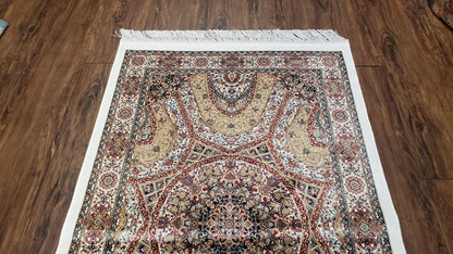 Persian Design Silk Accent Rug, Dome Medallion, Allover Pattern Oriental Carpet, Small Silk Rug, Cream, Ivory, Bamboo Silk, 2' 8" x 4' 1"