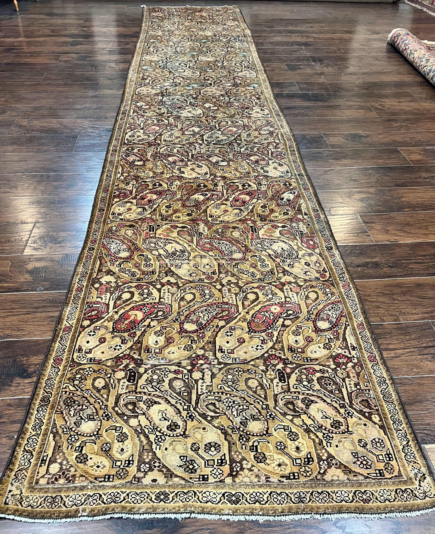 Antique Persian Malayer Runner Rug 3x16, Repeated Boteh Paisley Design, Rare Rug, 1920s Antique Oriental Carpet, Wool Handmade Hand Knotted 3 x 16 ft Rug