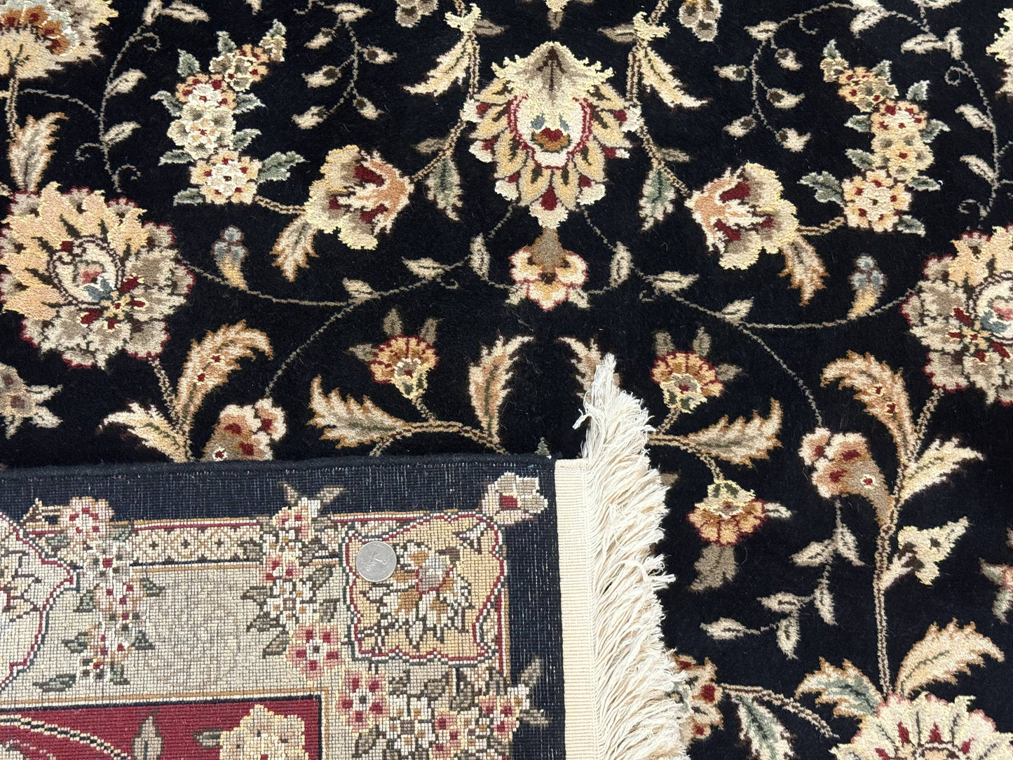 Sino Persian Rug 9x12 Hand Knotted Wool Silk Highlights Allover Floral Black And Dark Red