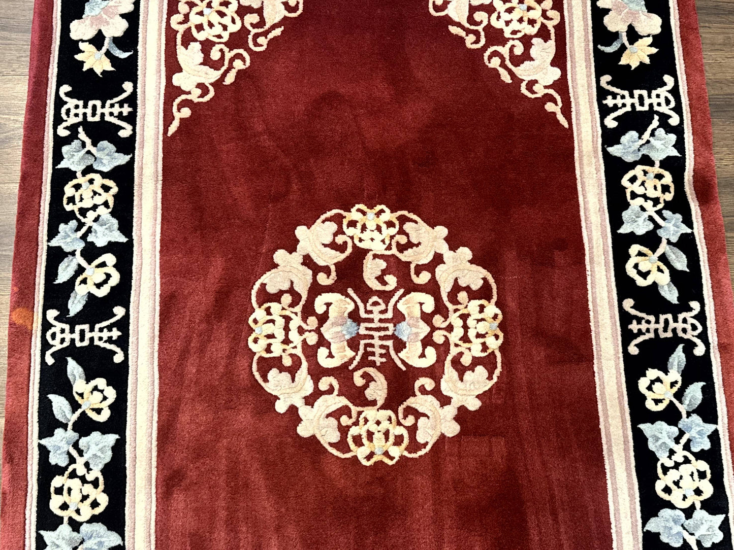Chinese Wool Rug 4x6 Hand Knotted 90 Line Butterflies Maroon and Black