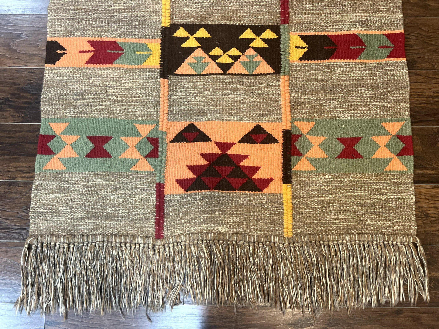 South American Flatweave Rug, Gray, Handmade Vintage Wool Bohemian Blanket
