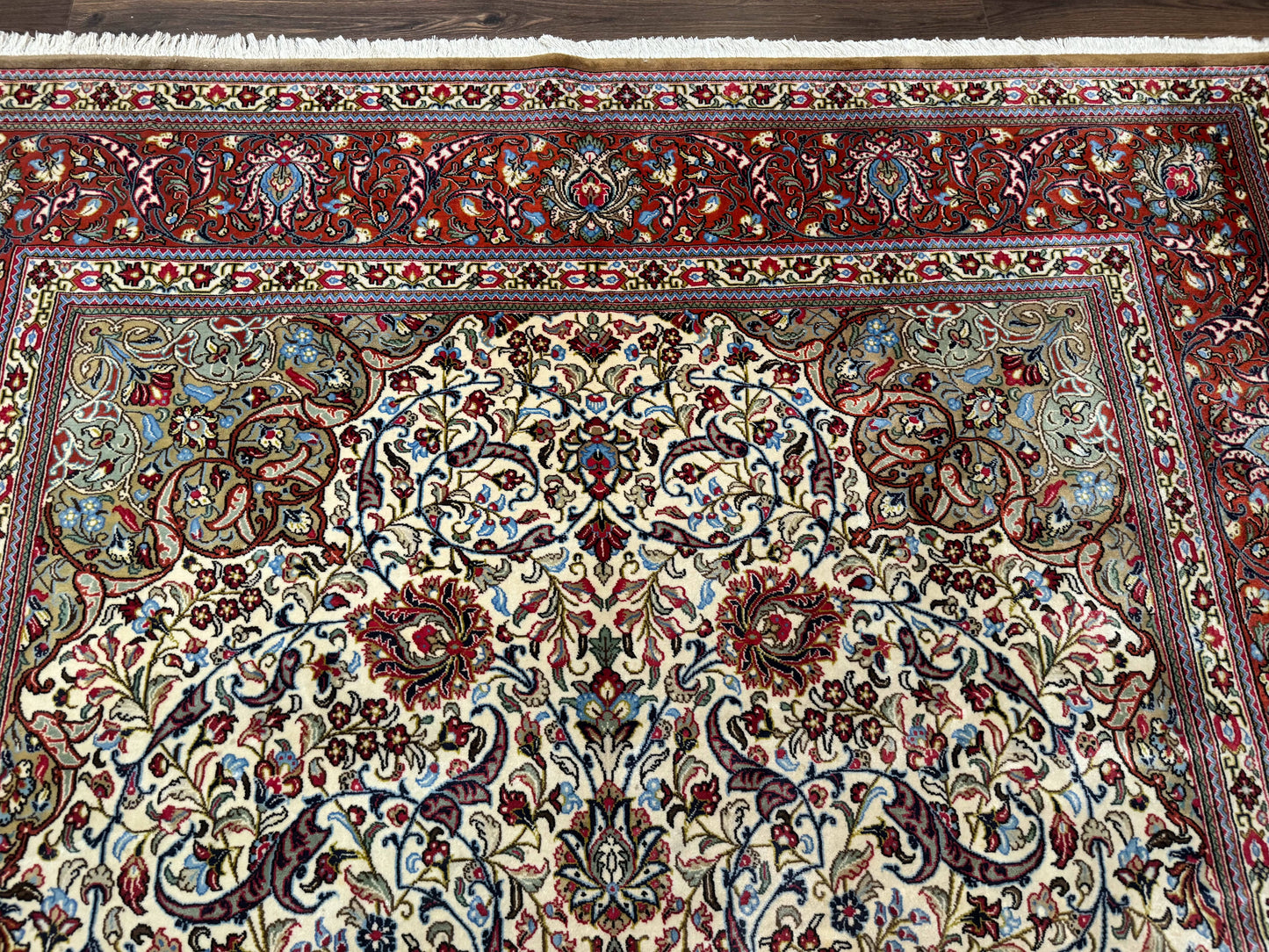 Persian Qum Rug 7x11 Beige Red Floral Medallion 260 KPSI Hand Knotted