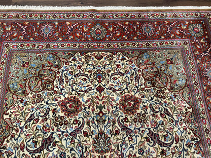 Persian Qum Rug 7x11 Beige Red Floral Medallion 260 KPSI Hand Knotted