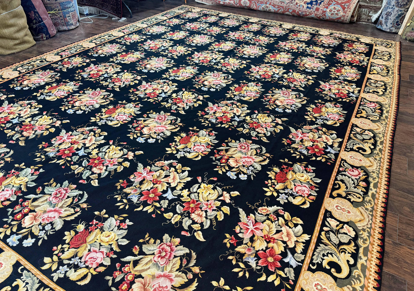 Palace Size Needlepoint Rug 12x16 Handmade Wool Floral Panel Black and Colorful