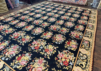Palace Size Needlepoint Rug 12x16 Handmade Wool Floral Panel Black and Colorful