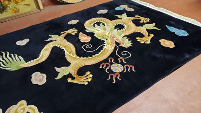 Antique Chinese Art Deco Rug 6x9 Hand Knotted Wool Dragon Black