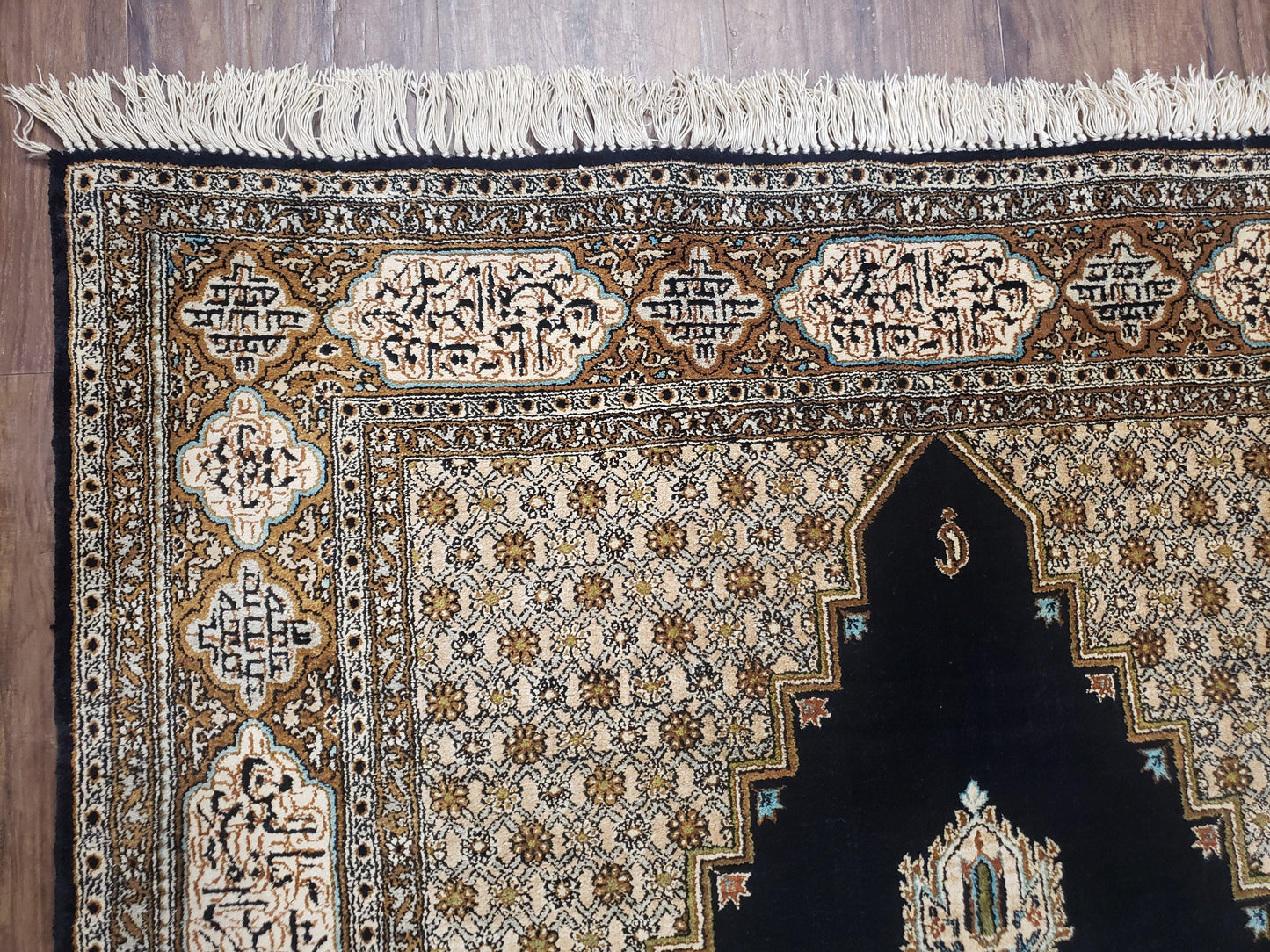 Persian Silk Qum Rug Hand Knotted Silk On Silk Luxury Vintage Area Rug Black Gold Beige 3 Ft 6 In By 5 Ft 5 In