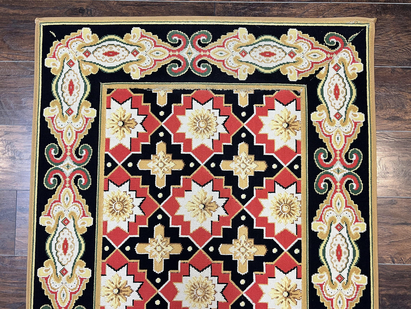 Vintage Runner Rug Long Hallway Wool Panel Design Red Black Ivory Tan European Style