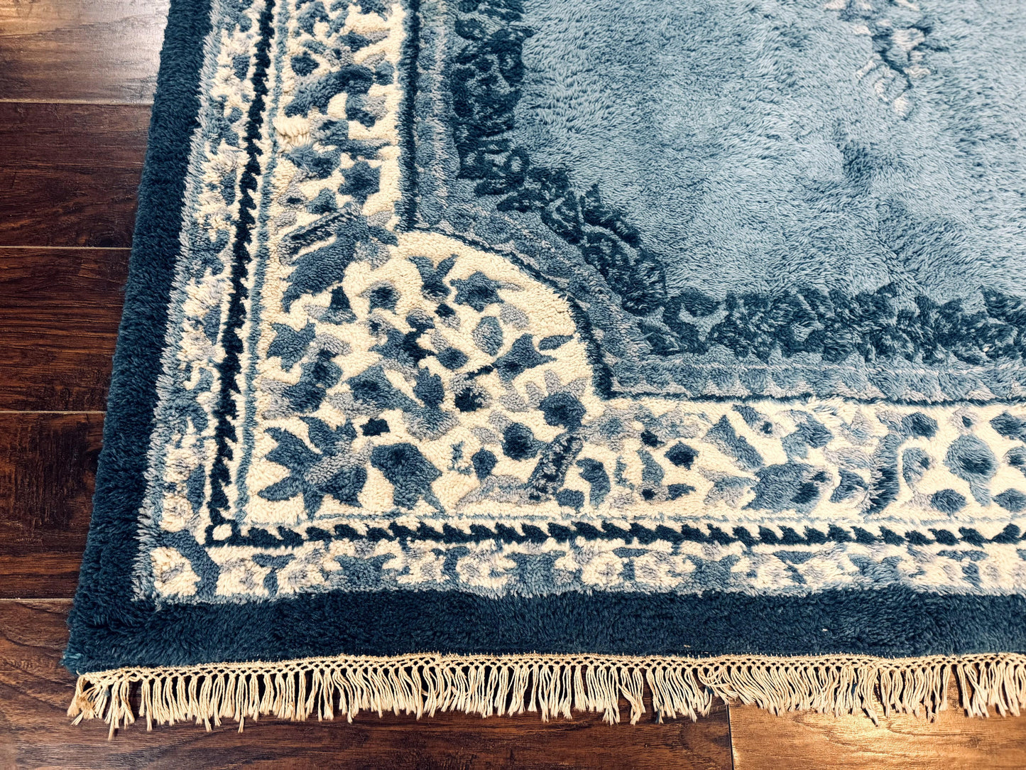 Indo Chinese Aubusson Rug 6x9 Handmade Vintage Wool Carpet Light Blue And Ivory