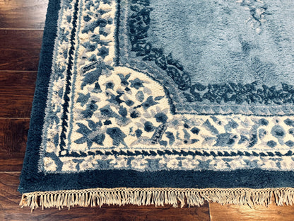 Indo Chinese Aubusson Rug 6x9 Handmade Vintage Wool Carpet Light Blue And Ivory