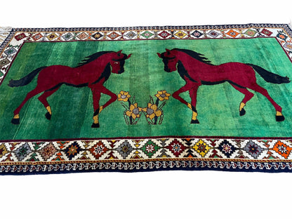 Handmade Wool Pictorial Horses Rug 4x7 Green Butterfly Colorful