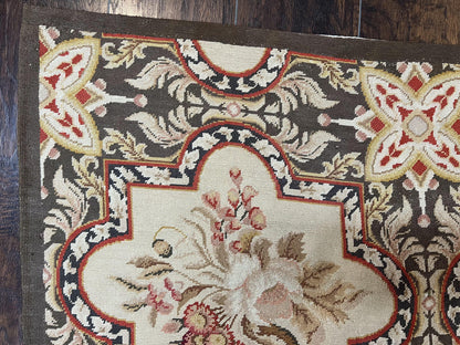 Needlepoint Runner Rug 9.8 Ft Handwoven Wool Floral Brown Beige European Design