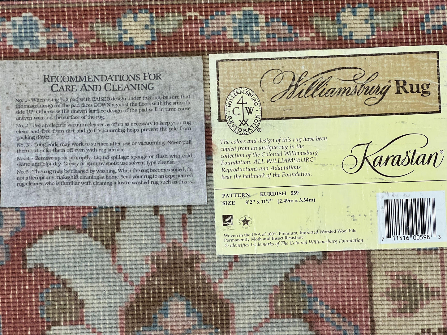 Karastan Rug 8 x 11.7, Karastan Williamsburg Kurdish Pattern 559, Wool Pile Vintage Karastan Carpet, Discontinued, Room SIzed Area Rug