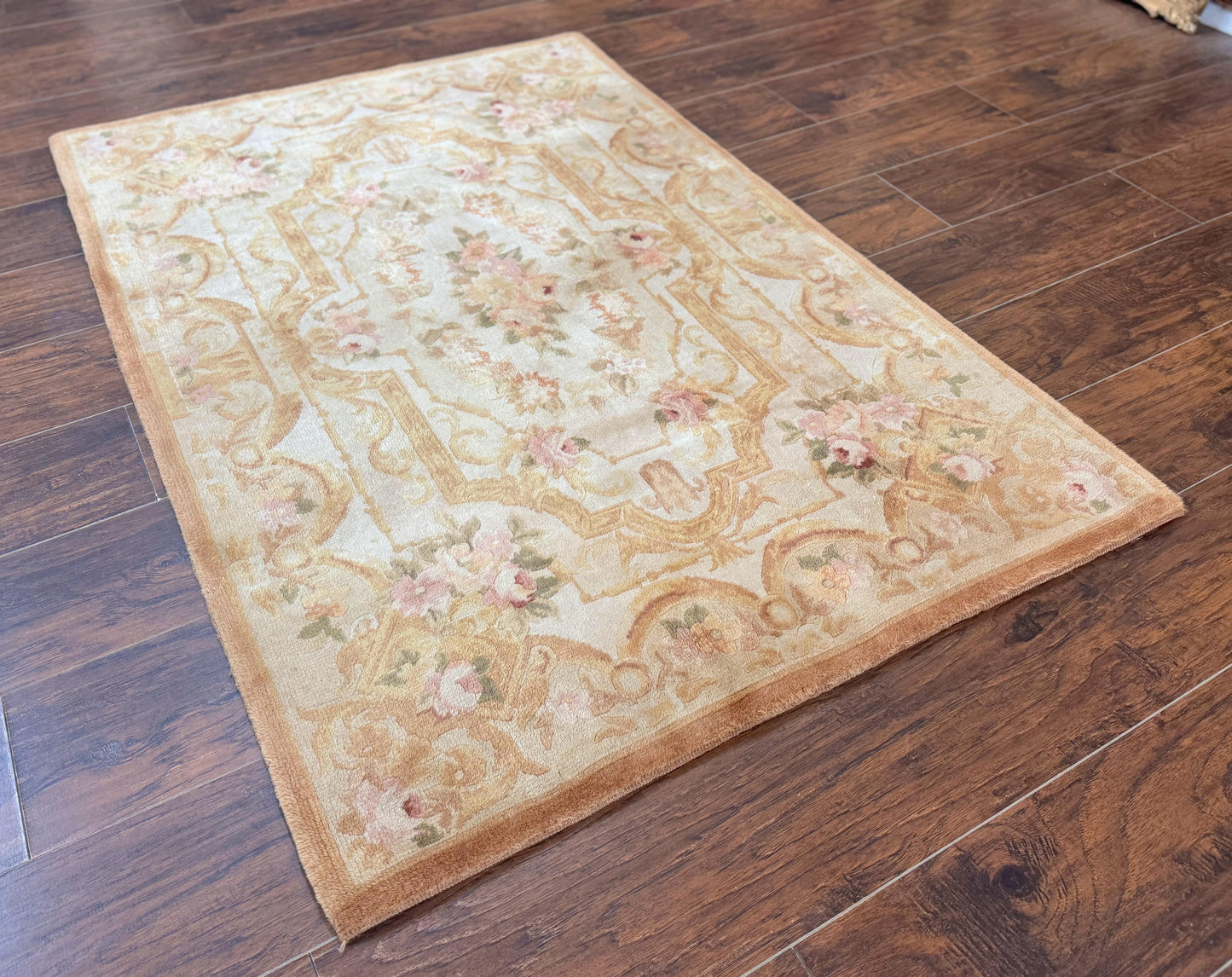 Handmade Chinese Aubusson Rug 3.6 x 5 Beige and Gold Vintage European Design