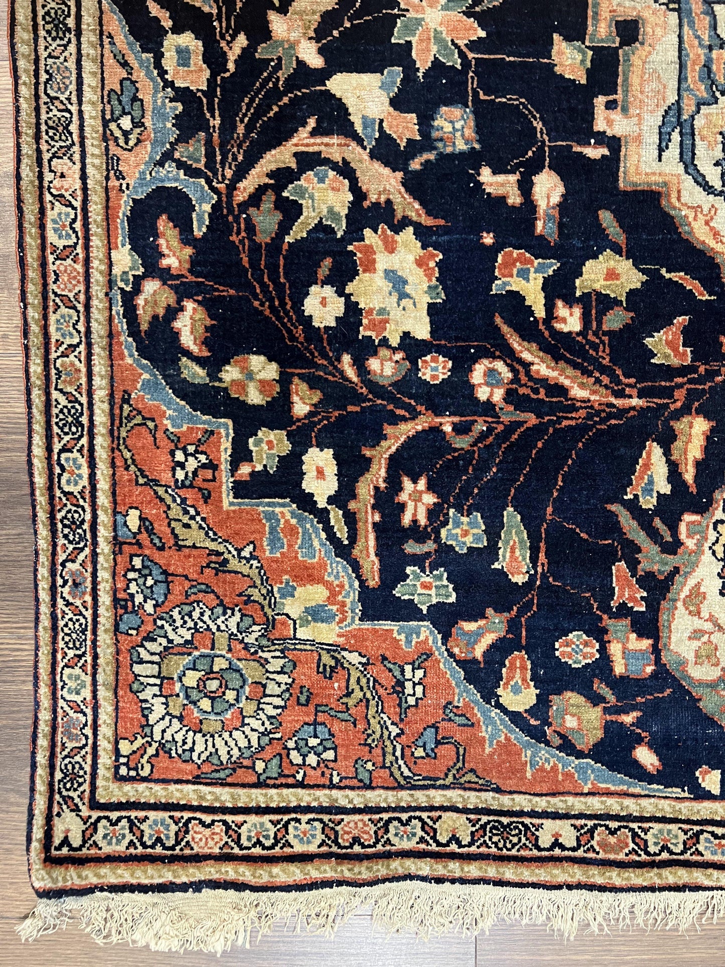 Antique Persian Rug 3.5 x 5, Sarouk Farahan Rug, High Quality 1920s Fine Oriental Carpet 3 x 5 ft, Large Medallion, Floral, Navy Blue Red, Hand Knotted Wool Rug