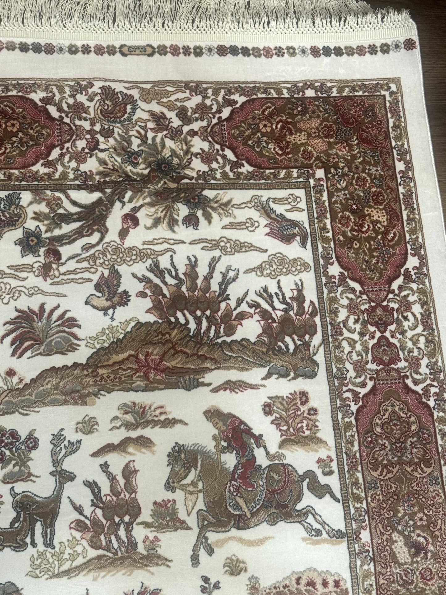 Long Turkish Silk Runner Rug 2.6 x 16.5, Hunting Design, Ivory, Bamboo Silk, New