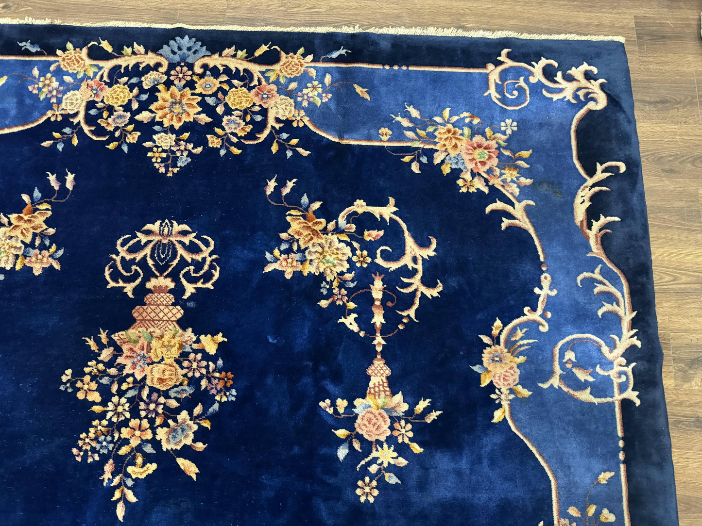 Blue Chinese Art Deco Rug 9x12 Hand Knotted Wool Vintage Rug